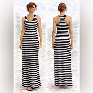 Stella Cruz Navy White Striped Racerback Maxi Dress Bodycon Stretch NWT